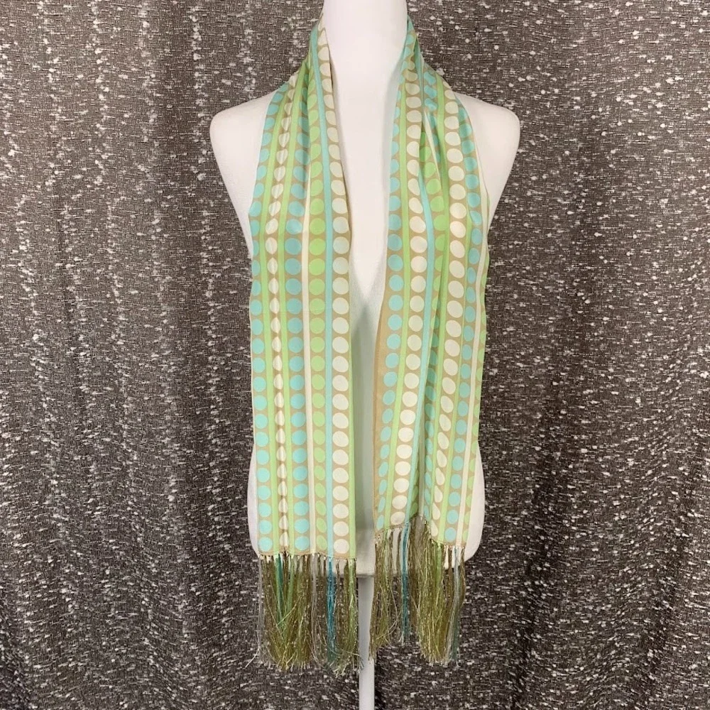 Vintage Casual Corner Multicolor Polka Dot Fringe Silk‎ Scarf Boho Y2K